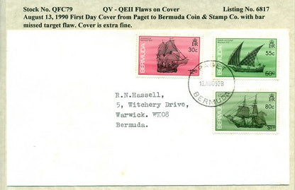 QV-QEII Flaws on Cover August 13, 1990 bar missed target QFC 79