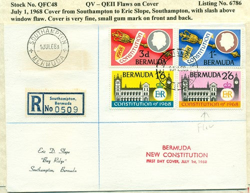 QV-QEII Flaws on Cover July 1, 1968 slash above window QFC 48