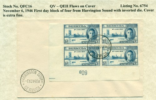 QV-QEII Flaws on Cover November 6, 1946 inverted dye QFC 16