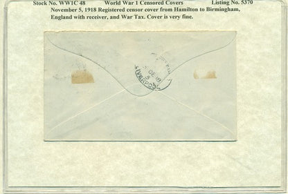 WW1 CENSOR COVER November 5, 1918 Hamilton, Bermuda to Birmingham, England