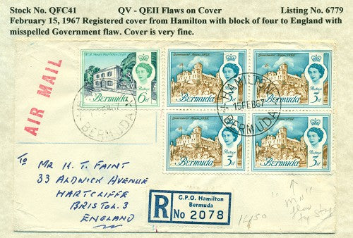 QV-QEII Flaws on Cover February 16, 1967 'government' flaw QFC 41