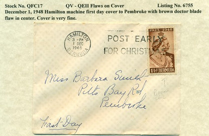 QV-QEII Flaws on Cover December 1, 1948 brown blade flaw QFC 17