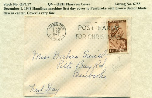 QV-QEII Flaws on Cover December 1, 1948 brown blade flaw QFC 17