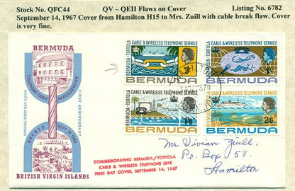 QV-QEII Flaws on Cover September 14, 1967 cable break QFC 44