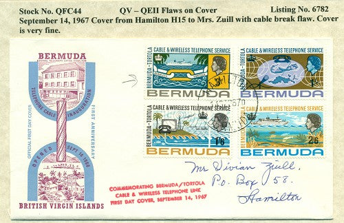 QV-QEII Flaws on Cover September 14, 1967 cable break QFC 44