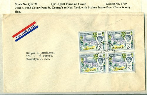 QV-QEII Flaws on Cover June 4, 1963 broken frame QFC 31