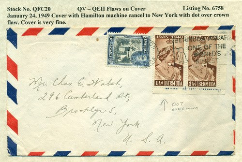 QV-QEII Flaws on Cover January 24, 1949 dot over crown QFC 20