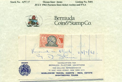 Ocean liner items July 1961 Furness lines ticket
