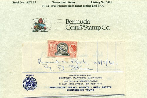 Ocean liner items July 1961 Furness lines ticket