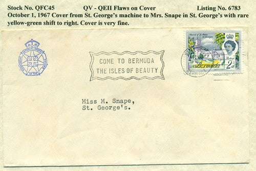 QV-QEII Flaws on Cover October 1, 1967 yellow-green shift QFC 45