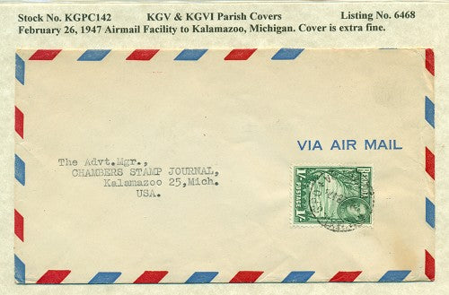 KGV & KGVI Parish Covers Airmail February 26, 1947 KGPC 142