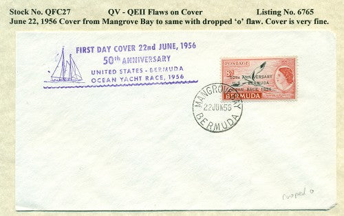 QV-QEII Flaws on Cover June 22, 1956 dropped 'o' QFC 27