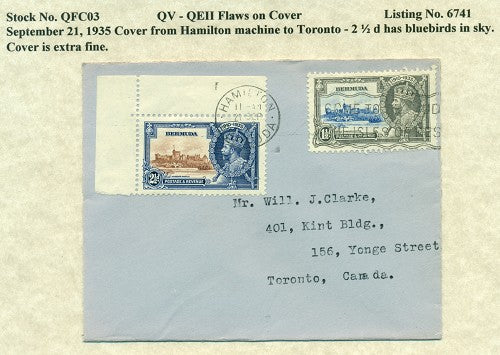 QV-QEII Flaws on Cover September 21, 1935 bluebirds in sky QFC 03