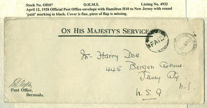 OHMS Hamilton H10- Official P.O. envelope April 12, 1928