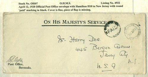 OHMS Hamilton H10- Official P.O. envelope April 12, 1928