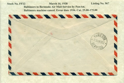 MAR 16 - 1938 Balt to Bda error date rare