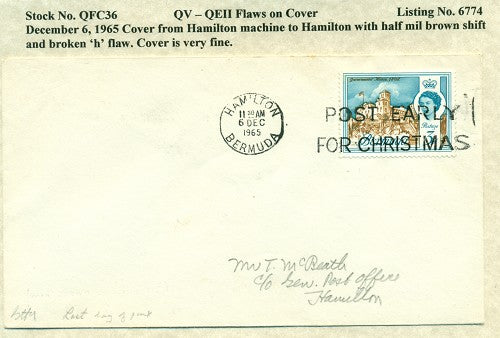 QV-QEII Flaws on Cover December 6, 1965 brown shift QFC 36