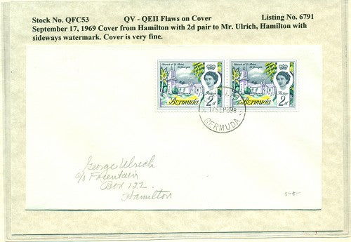 QV-QEII Flaws on Cover September 17, 1969 sideways watermark QFC 53