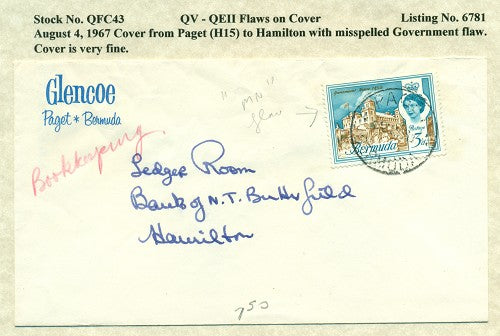 QV-QEII Flaws on Cover August 4, 1967 'government' flaw QFC 43
