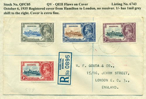 QV-QEII Flaws on Cover October 6, 1935 grey shift QFC 05