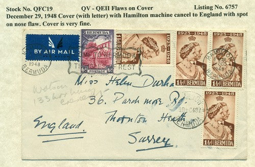 QV-QEII Flaws on Cover December 29, 1948 dot on nose QFC 19