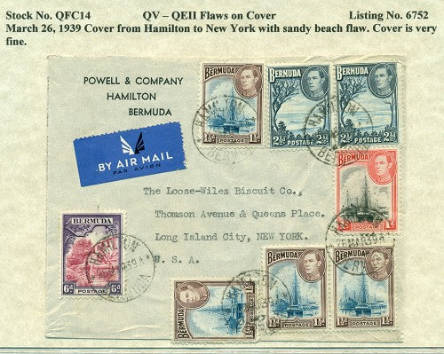 QV-QEII Flaws on Cover March 26, 1939 sandy beach flaw QFC 14