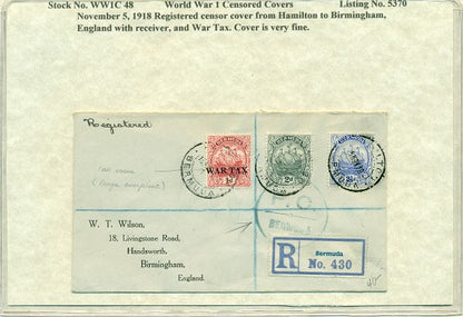 WW1 CENSOR COVER November 5, 1918 Hamilton, Bermuda to Birmingham, England