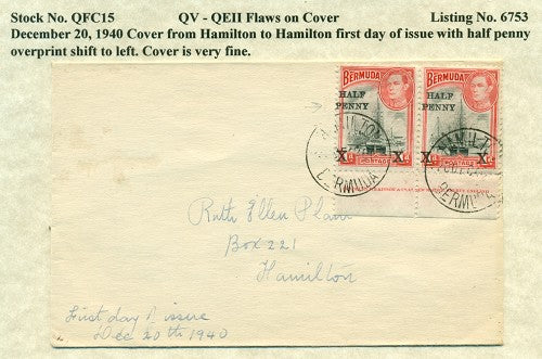 QV-QEII Flaws on Cover December 20, 1940 halfpenny overprint QFC 15
