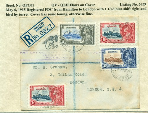 QV-QEII Flaws on Cover May 6, 1935 blue shift QFC 01
