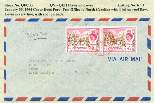 QV-QEII Flaws on Cover January 30, 1964 bird on roof QFC 33