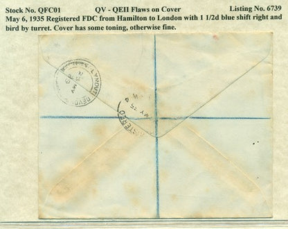 QV-QEII Flaws on Cover May 6, 1935 blue shift QFC 01