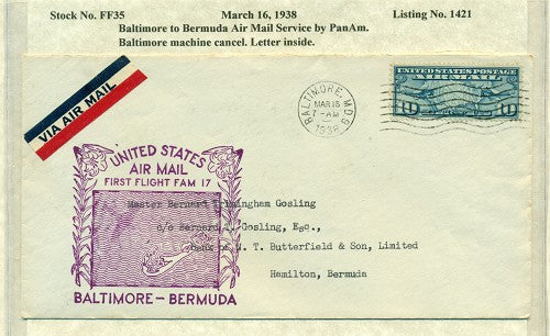 MAR 16 - 1938 Balt to Bda with letter -FF35