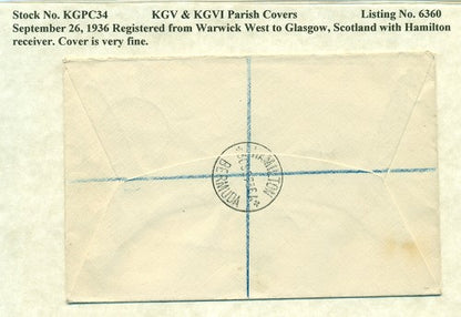 KGV & KGVI Parish Covers Warwick West September 26, 1936 KGPC 34