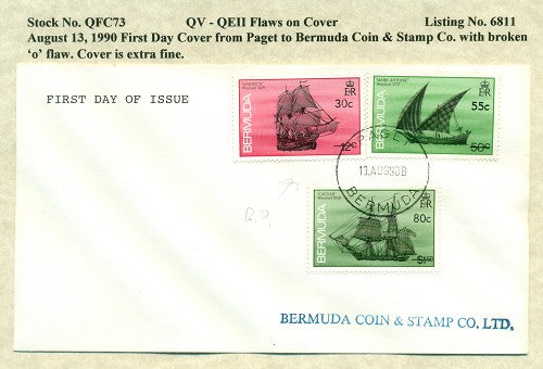 QV-QEII Flaws on Cover August 13, 1990 broken 'o' QFC 73