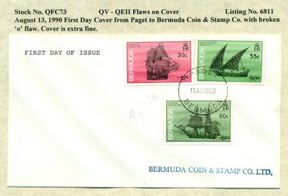 QV-QEII Flaws on Cover August 13, 1990 broken 'o' QFC 73
