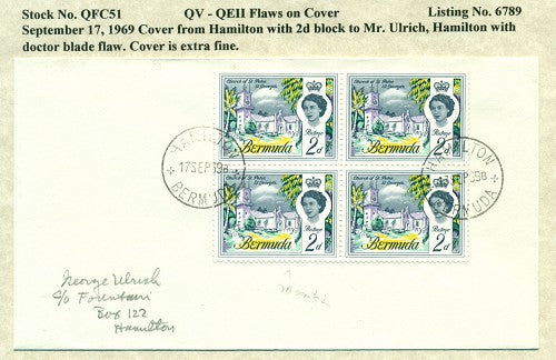 QV-QEII Flaws on Cover September 17, 1969 doctor blade flaw QFC 51