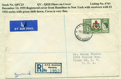 QV-QEII Flaws on Cover December 14, 1955 green shift QFC 23