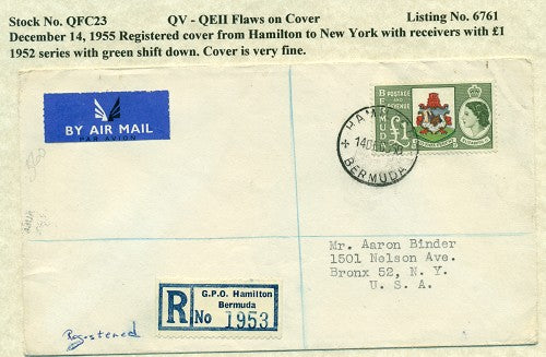QV-QEII Flaws on Cover December 14, 1955 green shift QFC 23