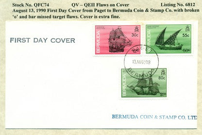 QV-QEII Flaws on Cover August 13, 1990 broken 'o' QFC 74